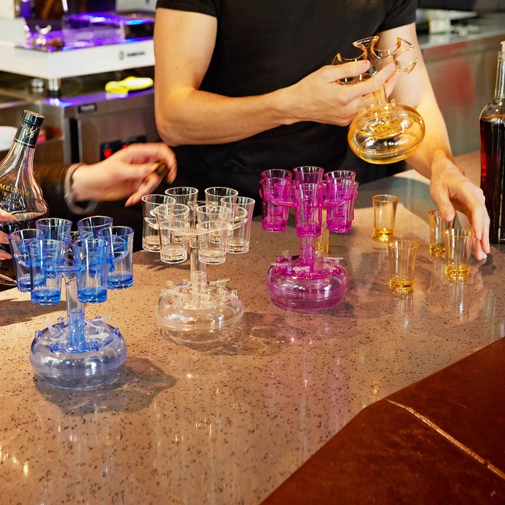 Six-shot glass dispenser holder with six glasses in transparent PMMA material