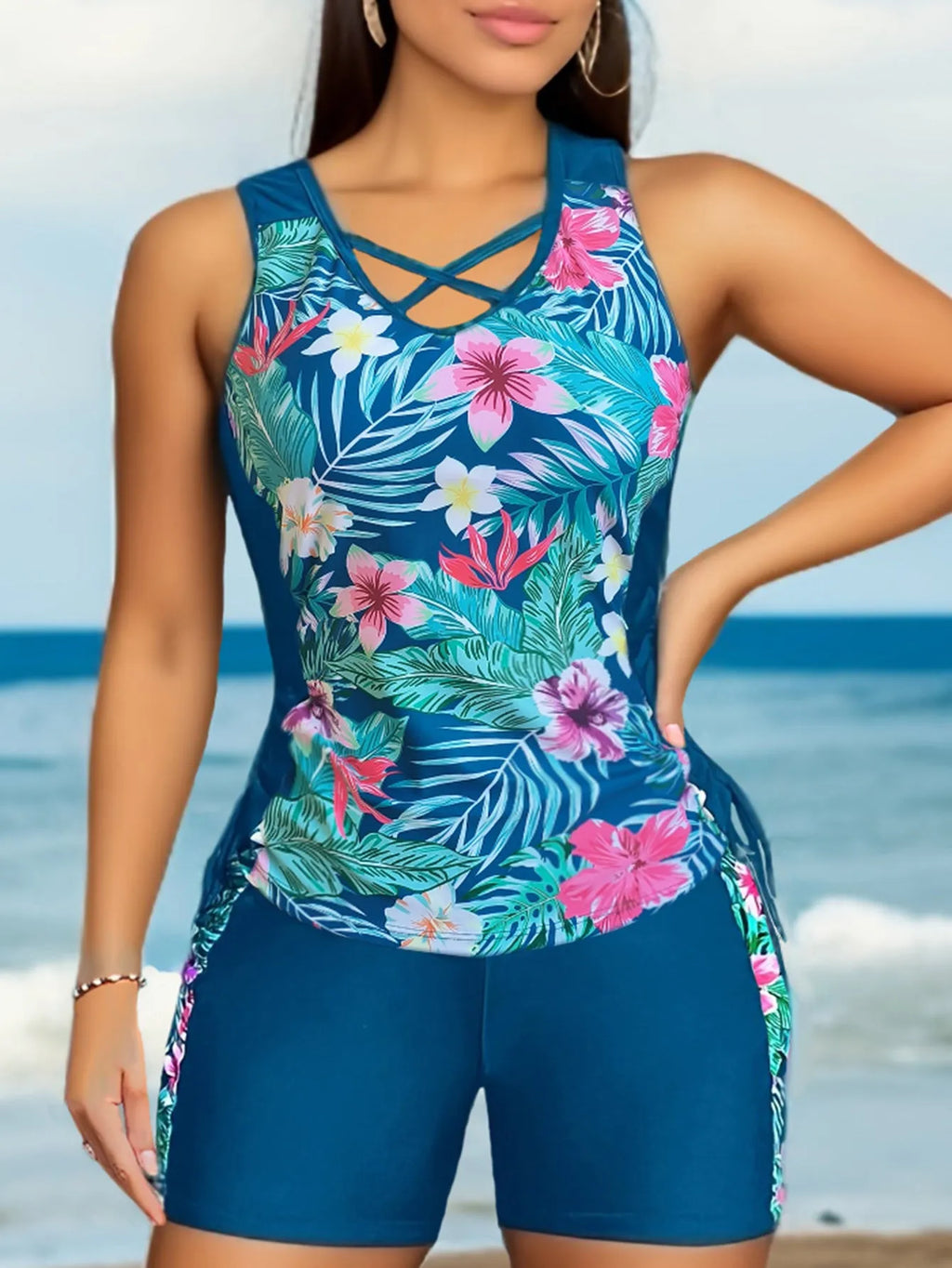 Plus size women's floral print swimsuit bikini with high waist briefs and backless design