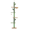 Tall solid wood cat tree with integrated scratch board, cat nest, and toy for large cats.