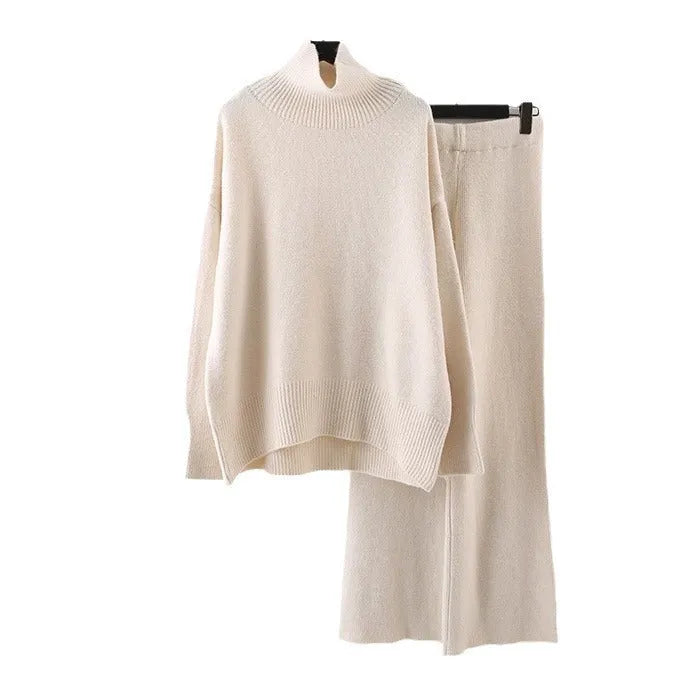 Women's milky white acrylic fibre sweater and wide-leg trousers two-piece casual set on a hanger.