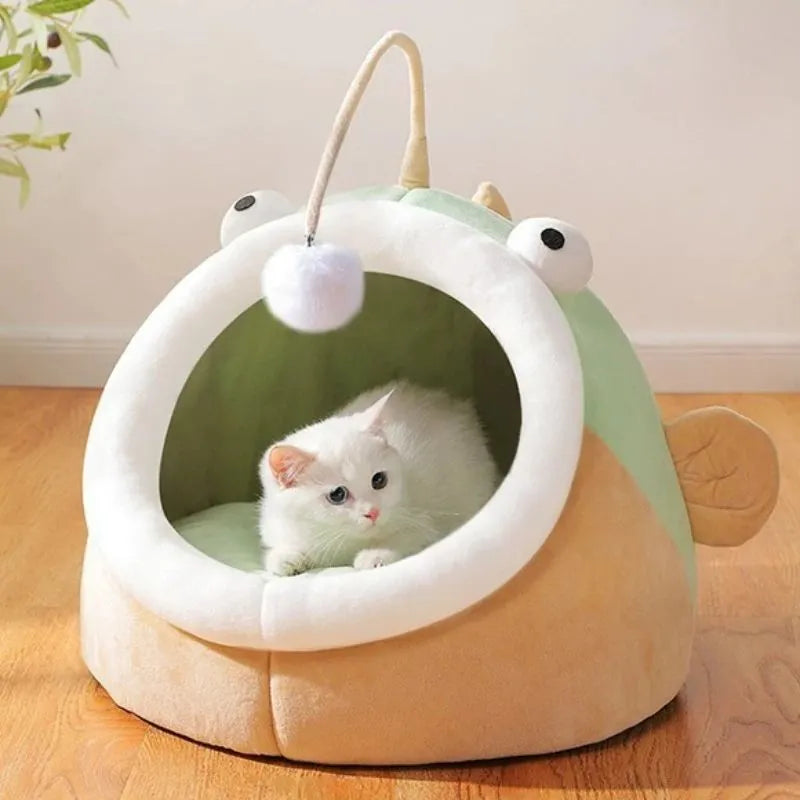 Semi-closed grey deerskin velvet pet house for cats or small dogs