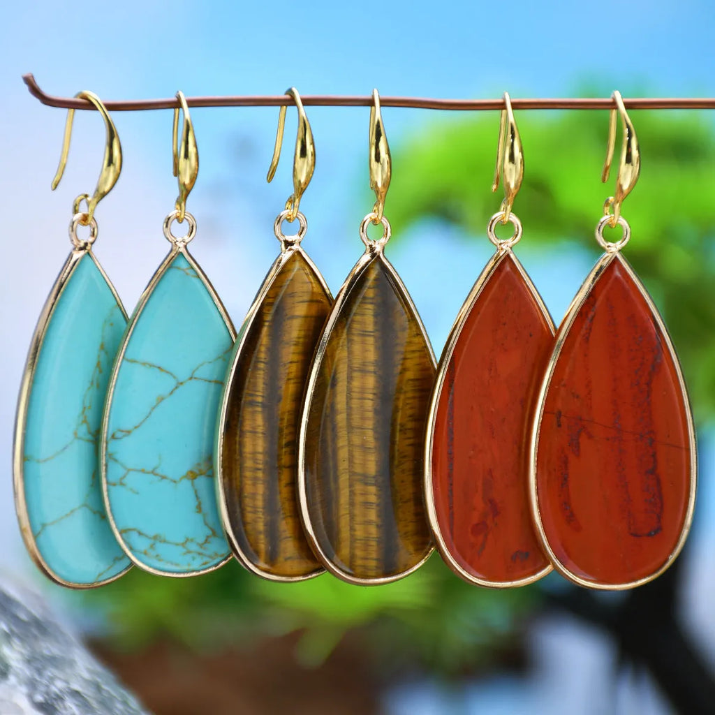Vintage long drop earrings made from Tigereye stone with water droplets design