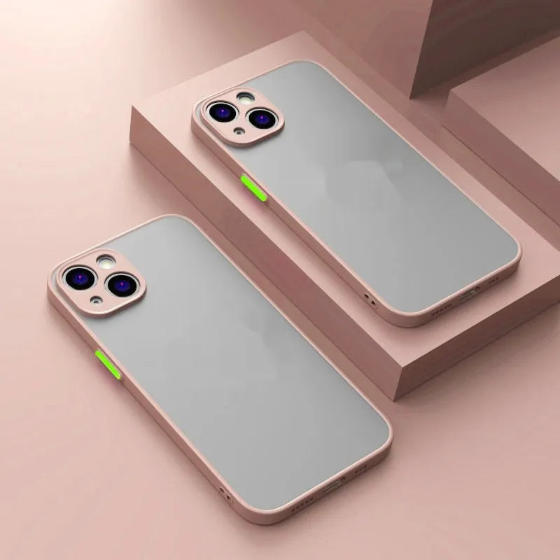 Frosted finish magnetic iPhone case shown in multiple colours on a table next to a phone