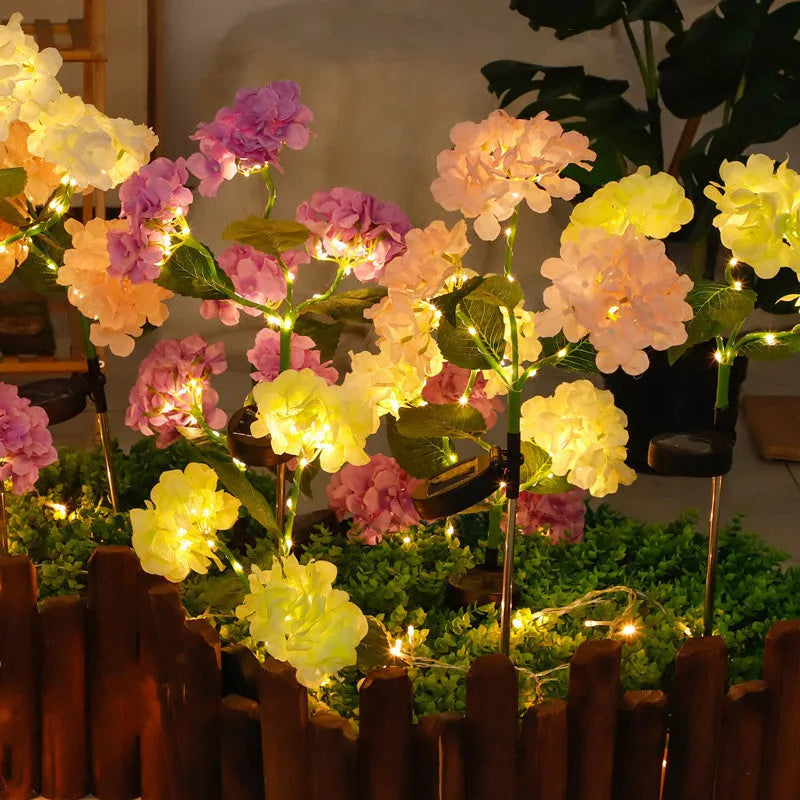 Solar hydrangea garden decorative light in outdoor setting showing flower design