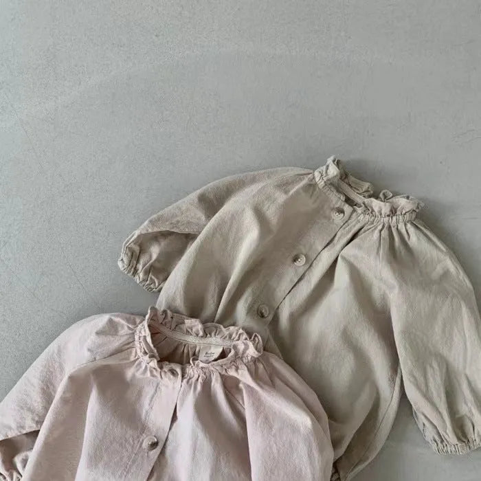 Cotton long sleeve jumpsuit romper with wooden buttons for baby girls in light lotus pink and khaki