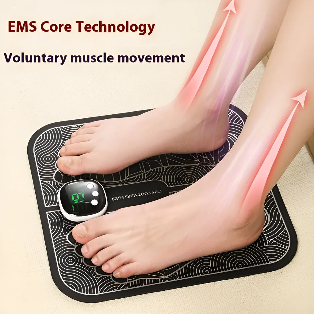 Blue rechargeable reflexology foot massager mat with remote control on a wooden floor.