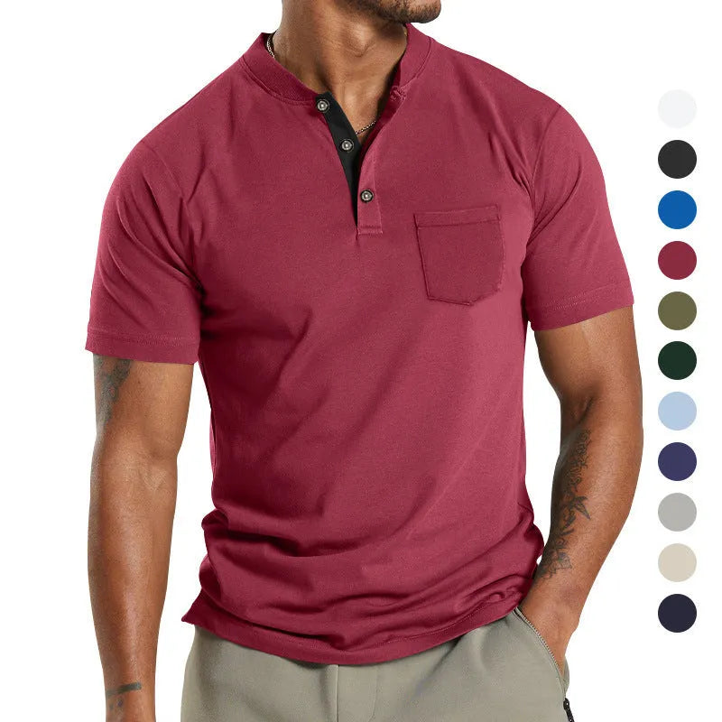 Plus size man wearing a solid colour short sleeve polyester shirt with a chest pocket.