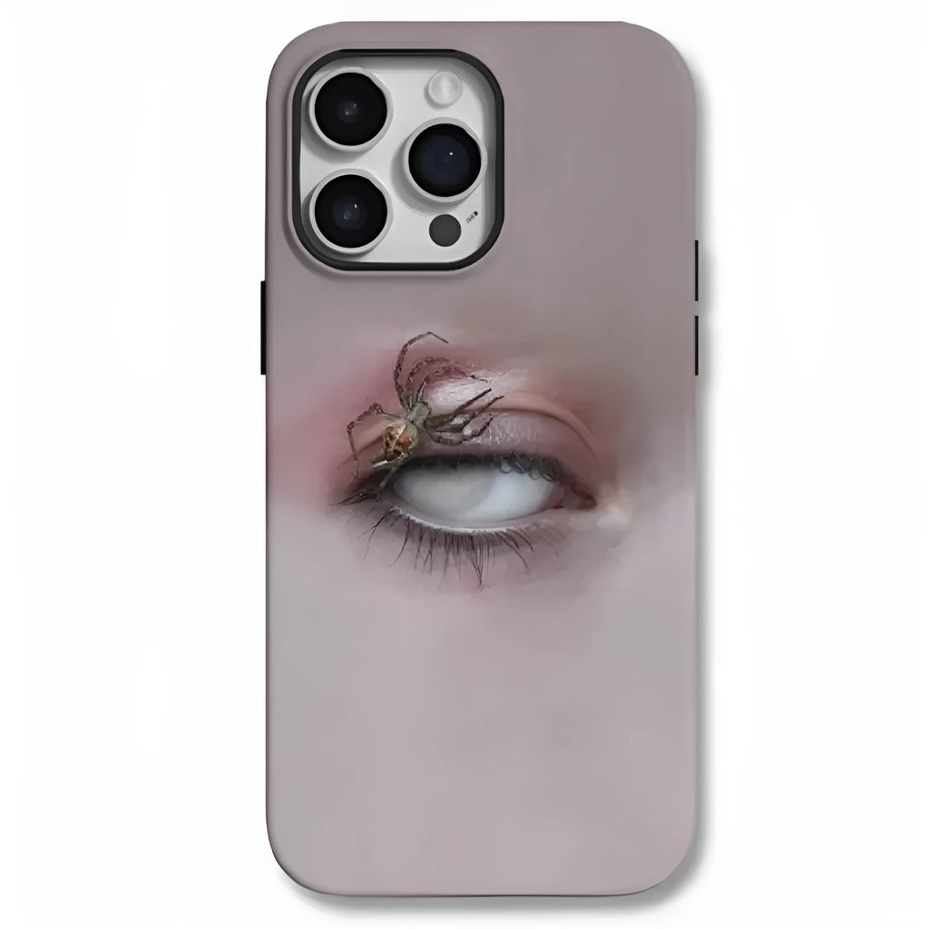 Dark heterochromatic spider design resin phone case for iPhone, showing frosted finish and soft shell construction.