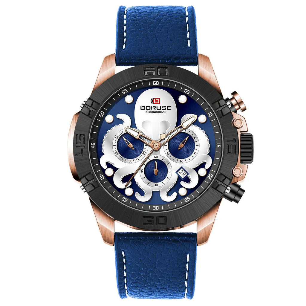 Octopus waterproof men's watch with luminous display and 13mm thickness in black or blue colour options