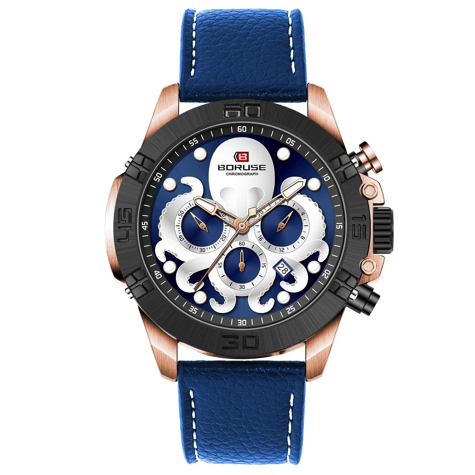 Octopus waterproof men's watch with luminous display and 13mm thickness in black or blue colour options
