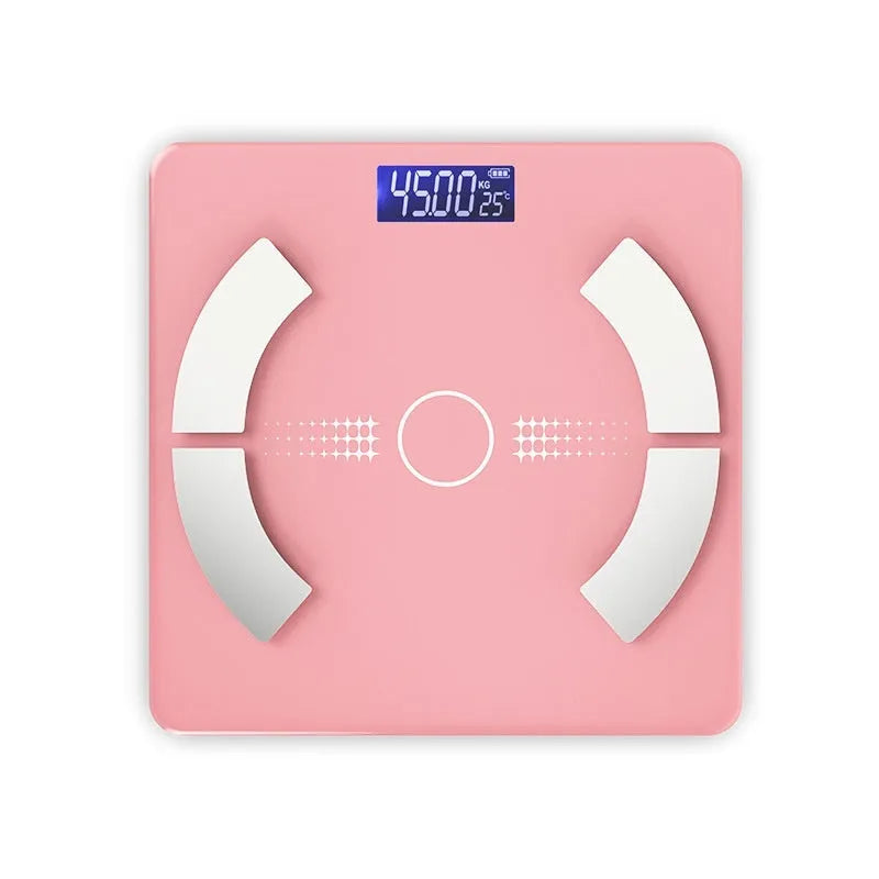Smart Bluetooth body fat scale in white colour showing digital display with weight and body fat readings