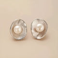 Pearl sterling silver geometric ear studs with gold electroplating and needle post fastenings