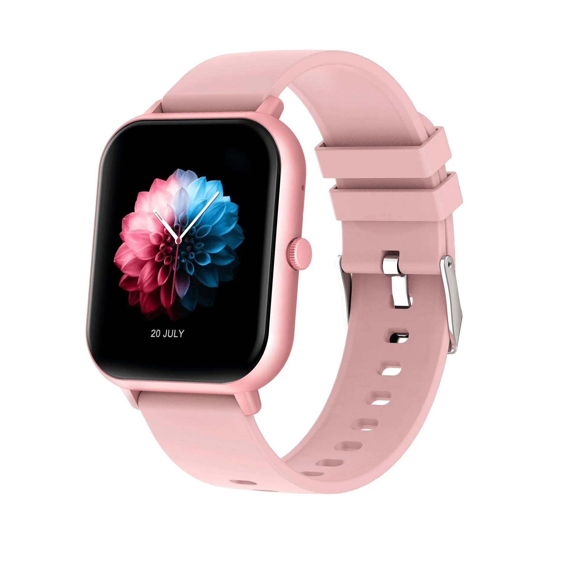 A Bluetooth smart watch with a TFT screen on a wrist strap, shown in black, silver, pink, or khaki colour options.