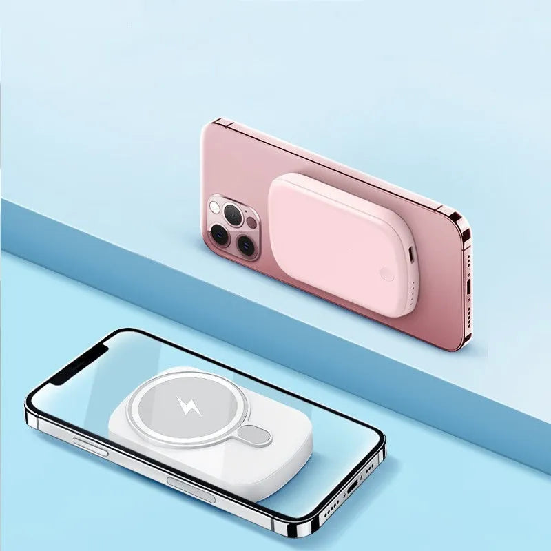 Magsafe magnetic wireless power bank in Barbie Pink, Black, White, or Purple, showing front view with creative design.