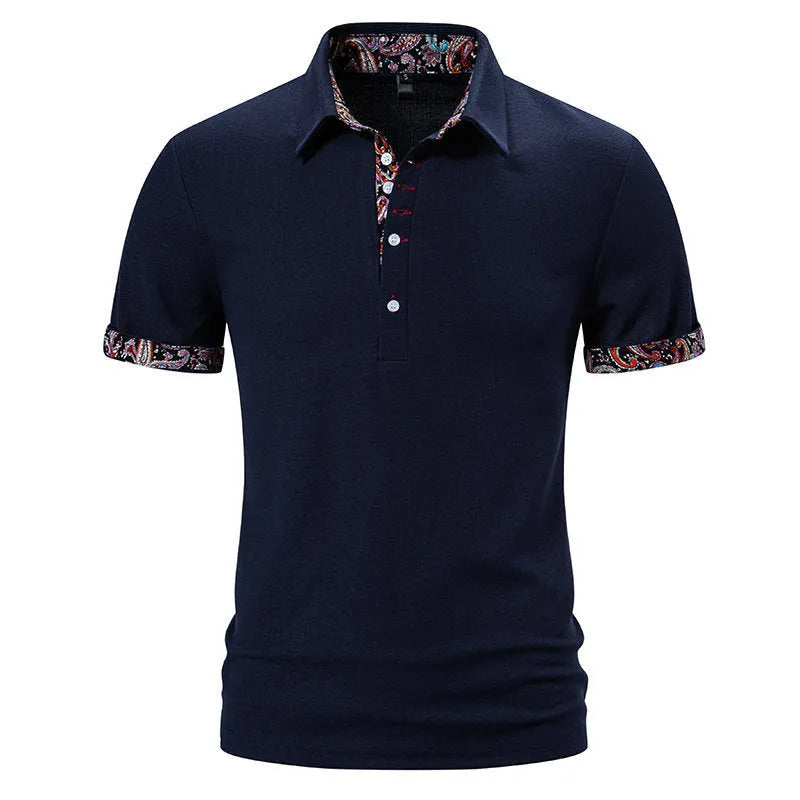 Men's navy blue polo shirt with a colour-stitched collar and short sleeves.
