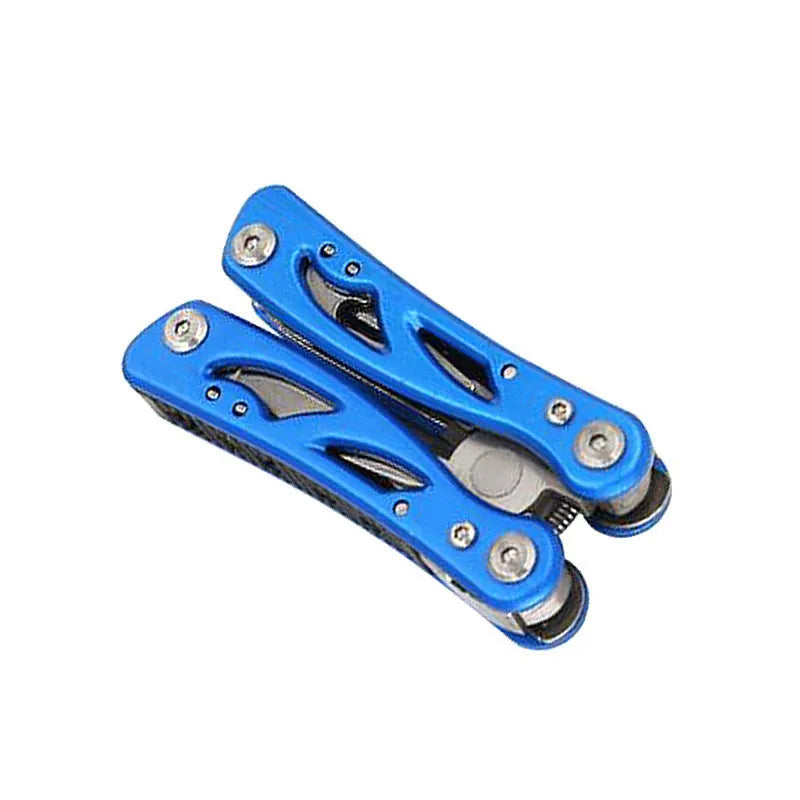 Blue stainless steel multi-function pliers and fruit knife tool folded, shown with its Oxford storage bag.