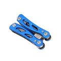 Blue stainless steel multi-function pliers and fruit knife tool folded, shown with its Oxford storage bag.