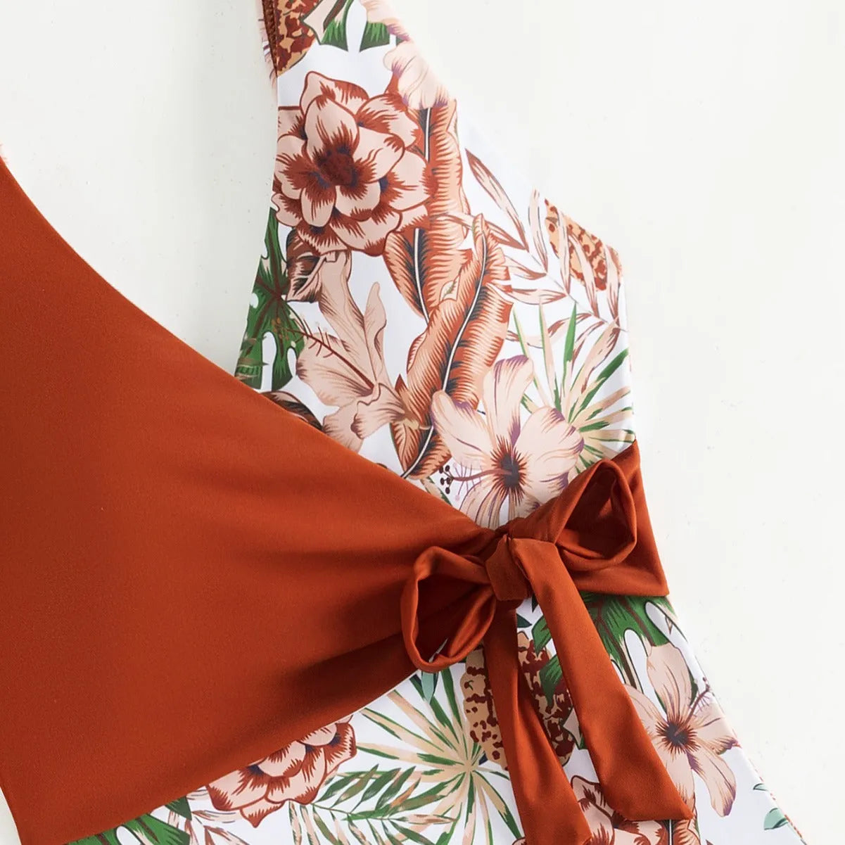Women's one-piece bikini in European and American tropical plants multicolor print, polyester and spandex, available in S to XL