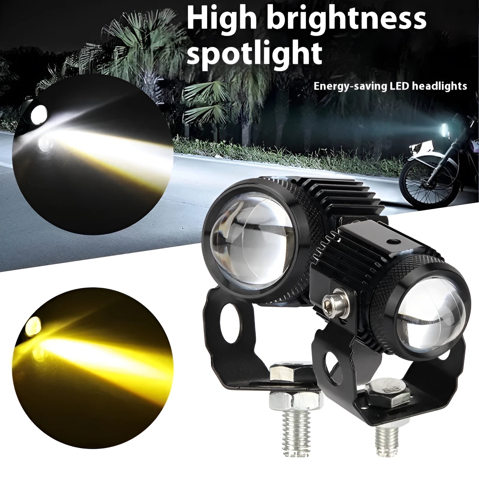 External fisheye Lock and Load spray motorcycle spotlight pair with aluminium housing