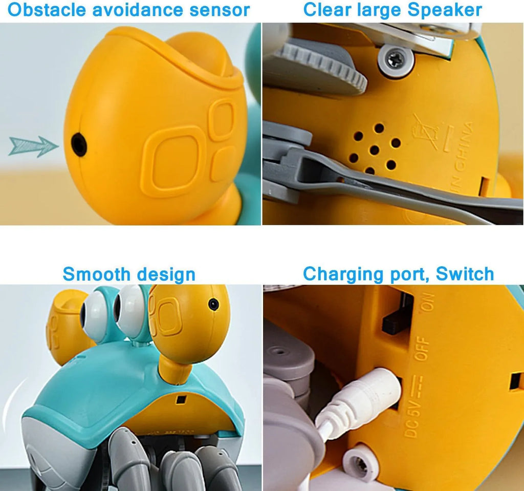 Blue electronic crab dog toy moving on floor with obstacle avoidance sensors and lights