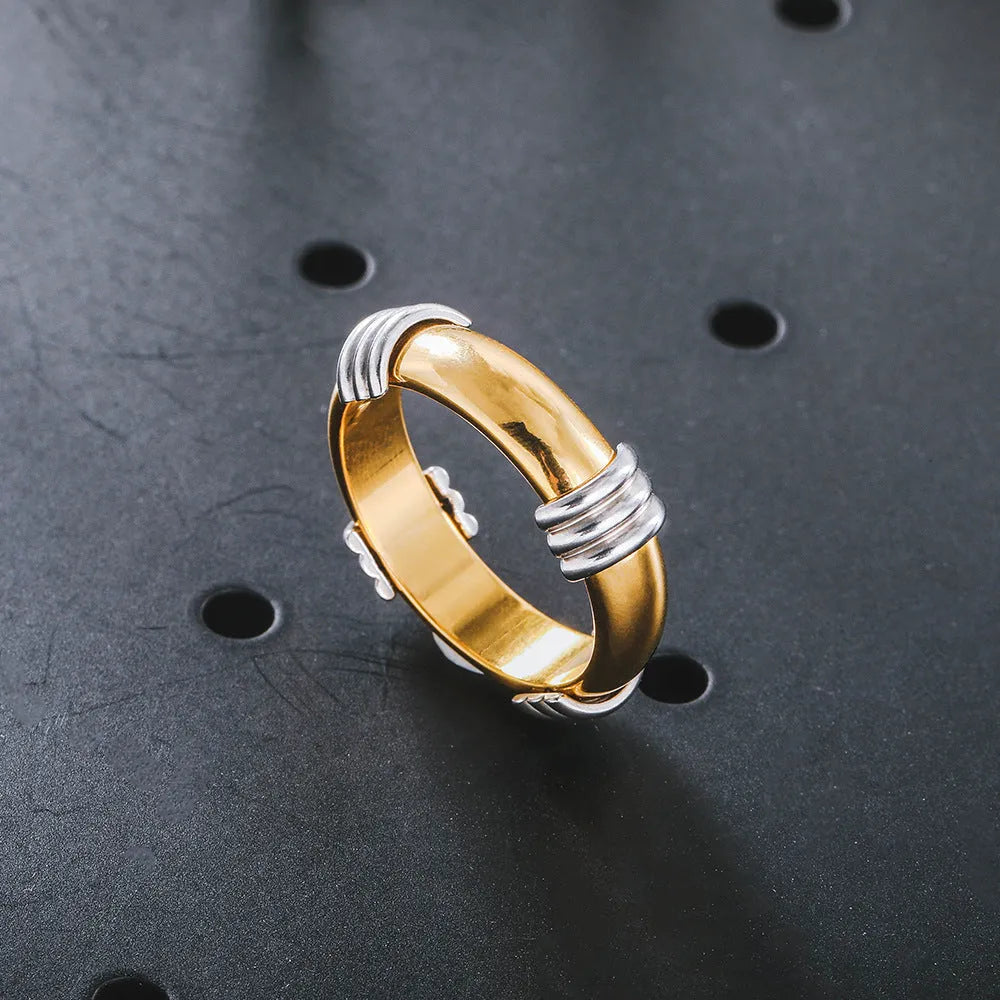 Gold electroplated titanium steel punk ring with retro letter design, unisex, 6 Yard and 8 Yard sizes