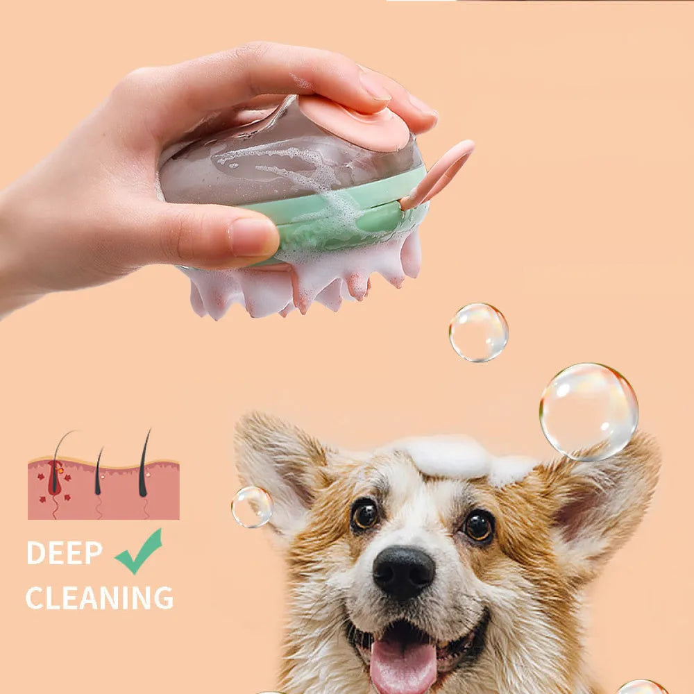 Blue and green 2-in-1 pet grooming brush with shampoo dispenser for dog and cat bathing