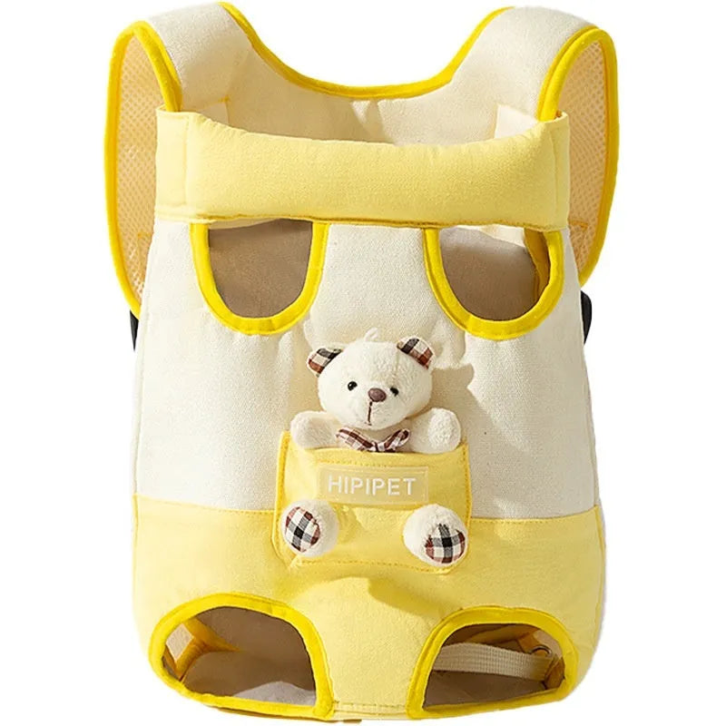 Cartoon style pet chest bag in soft canvas with ribbon trim showing Beka yellow bear stitching pattern