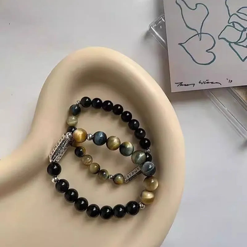Tigereye Obsidian S925 Sterling Silver Six Words Mantra couple bracelet set in Chinese geometric style