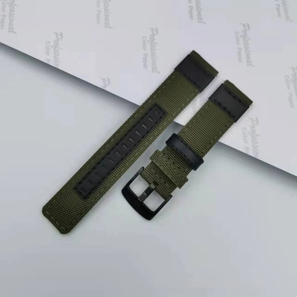 Oxford cloth replacement watch strap in camouflage colour, showing the textured fabric and buckle.