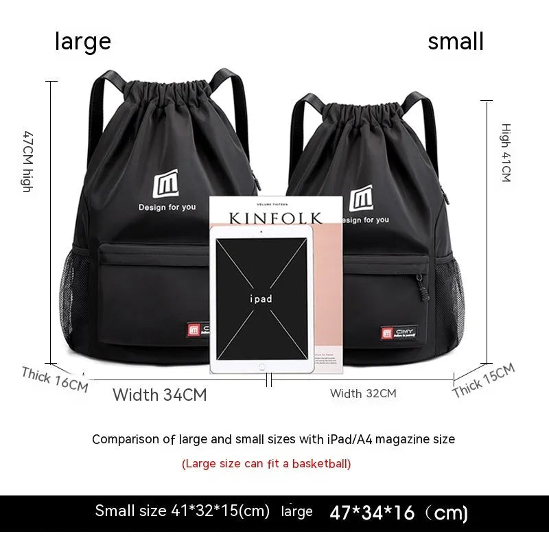 Oxford cloth travel backpack in black with double shoulder straps and drawstring closure