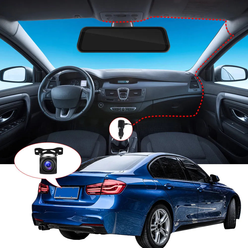 9.66-inch black touchscreen car dash cam recorder mounted on a car windscreen.