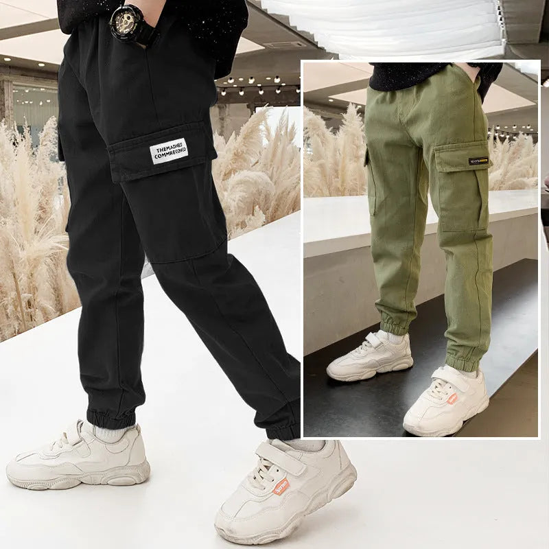 Boys' cotton summer trousers in army green, available in sizes 110cm to 170cm with closed-crotch design