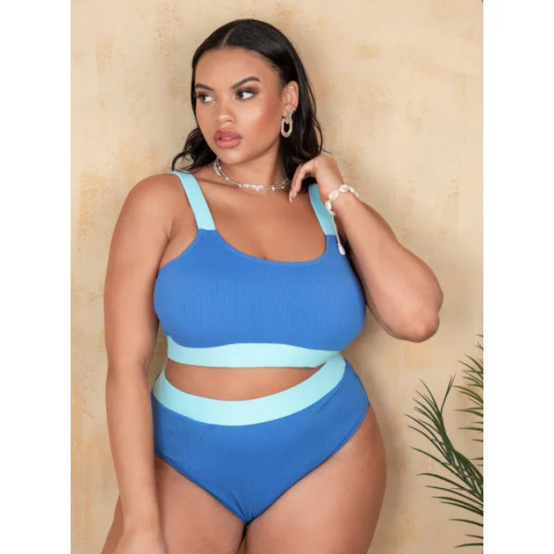 Women's polyester high-waist bikini swimsuit with split-leg briefs in solid colour