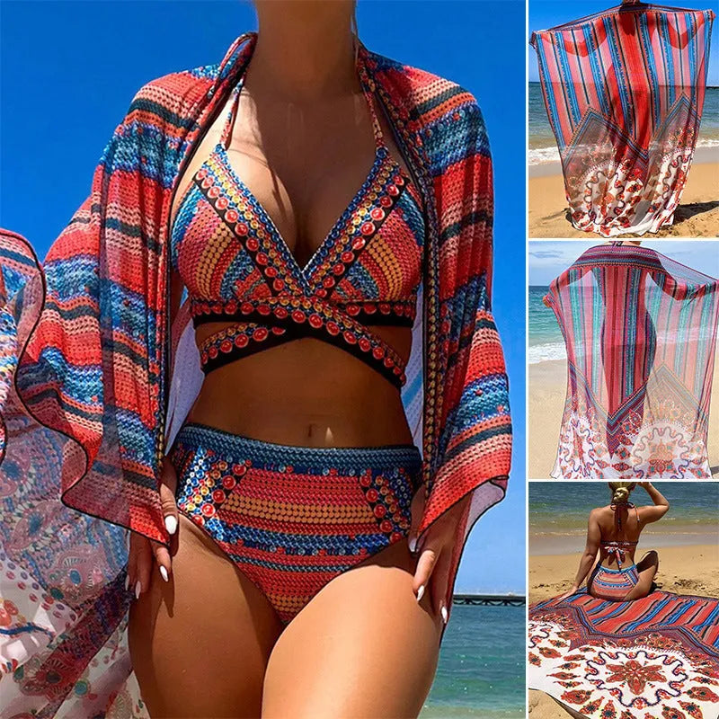 Women's three-piece swimsuit set showing high-waisted bikini bottom, cutout blouse, and matching cover-up coat in a printed design.