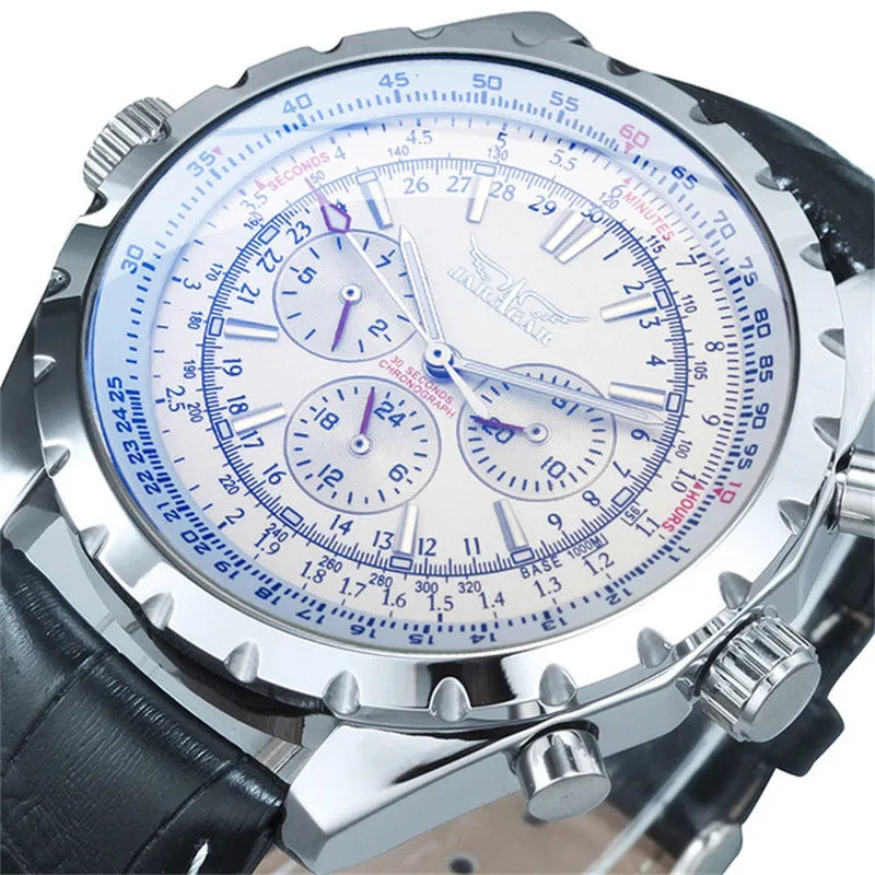 Men's mechanical watch with hollow dial, large face, steel band white face, 16mm thickness