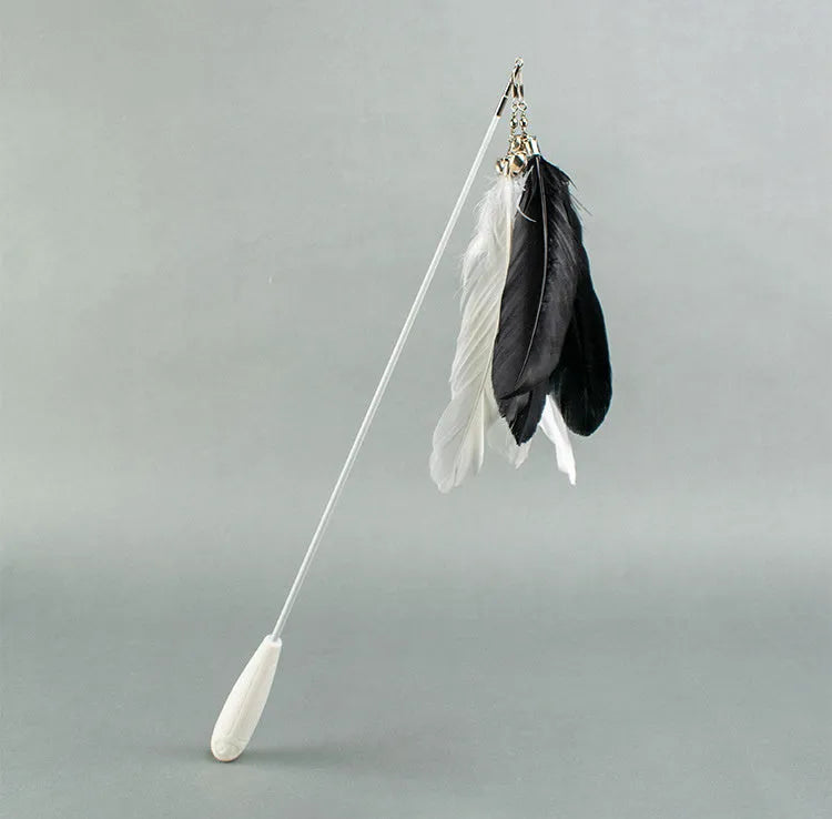 Telescopic cat fishing rod toy with goose feather teaser and removable bell, showing extended and collapsed positions