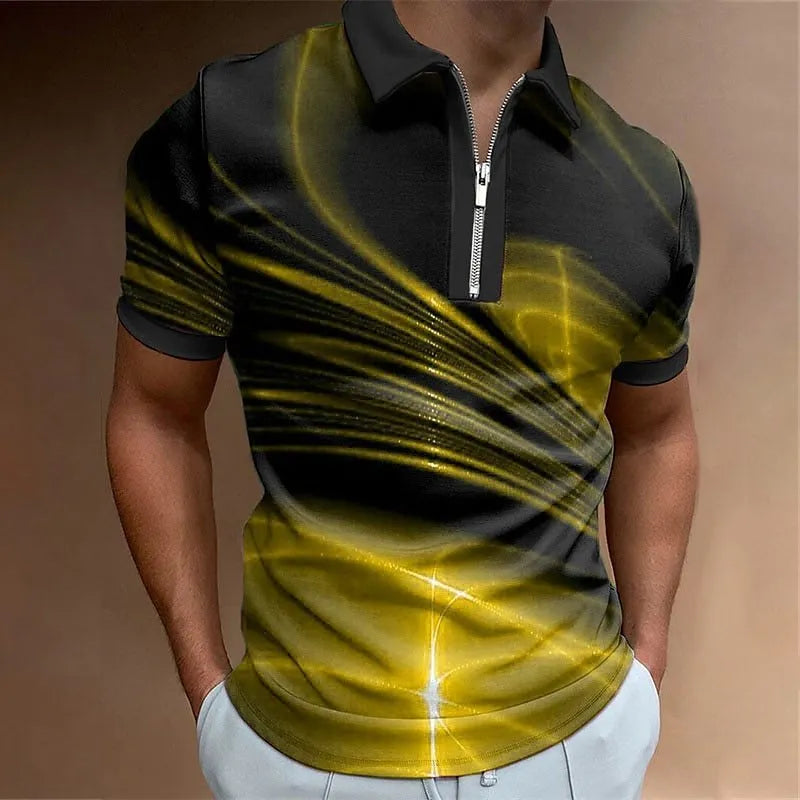 Men's blue lapel collar zipper polo shirt with printed design and short sleeves