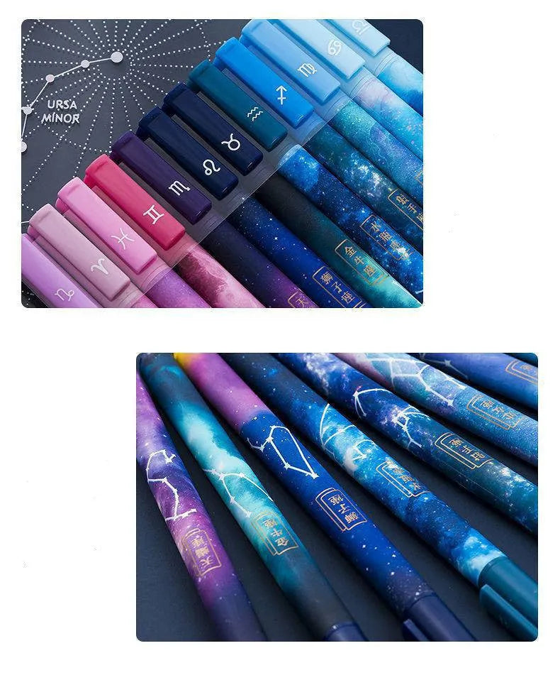 Twelve zodiac constellation ballpoint pens in assorted colours with plastic barrels and star motifs