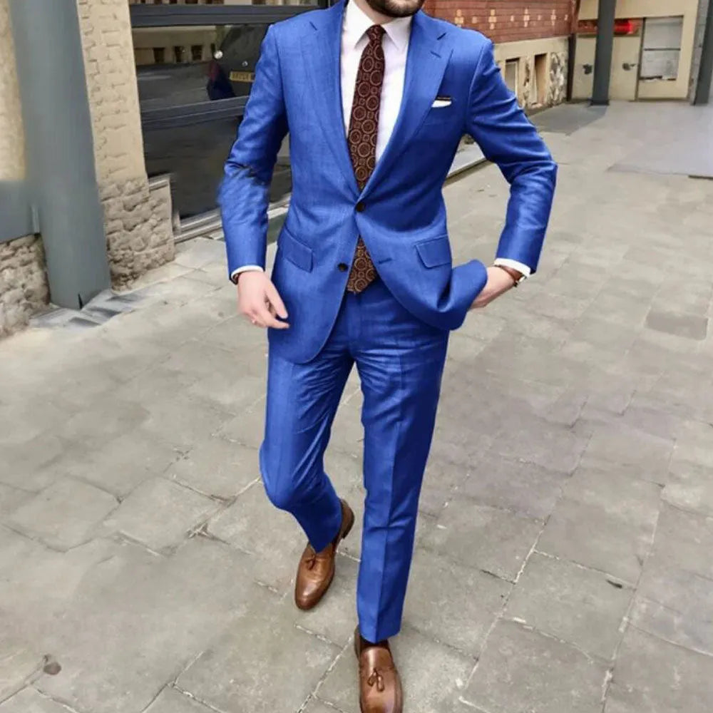 Men's slim fit acetate fibre business suit in multiple colour options with two-button jacket and matching trousers
