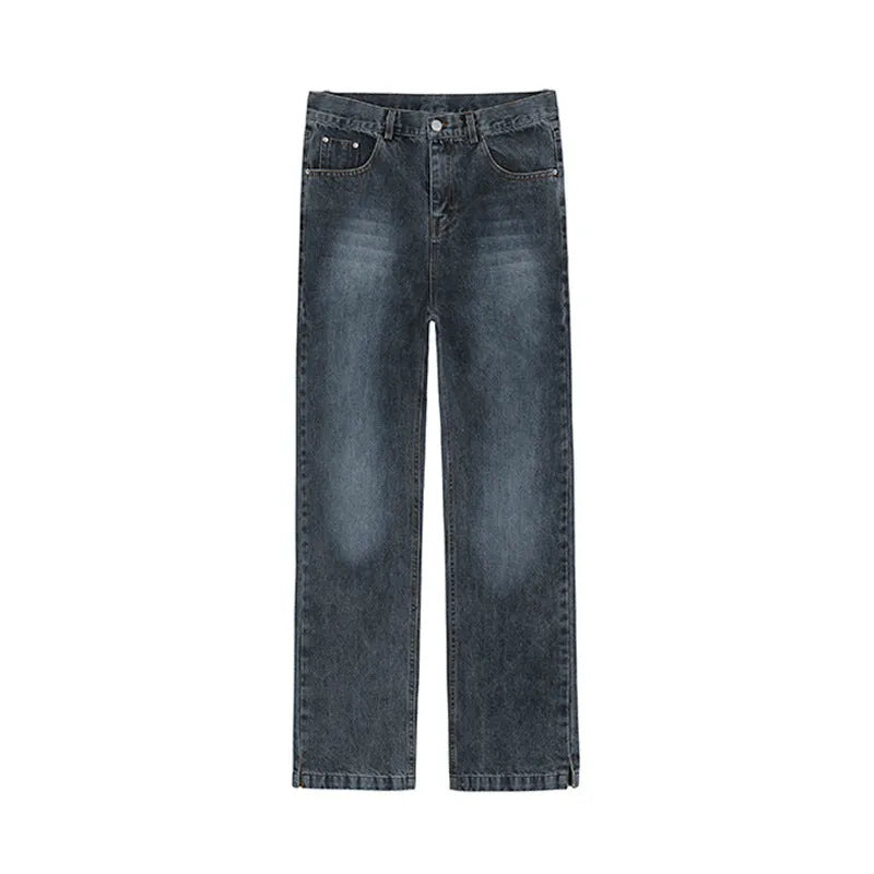 Casual blue-grey loose straight leg pants with side slits for women autumn mid waist tether closure