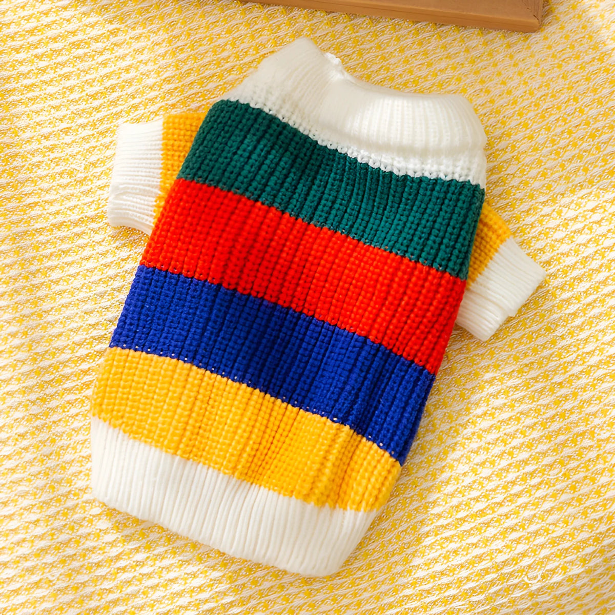 White rainbow striped knitted pet sweater for cats and dogs, soft core yarn, sizes XS to XL