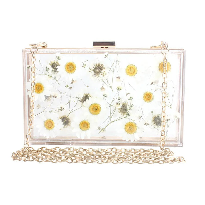 Acrylic transparent flower shoulder messenger bag with hard outer, horizontal square shape, O-shaped necklace, shown in blue.