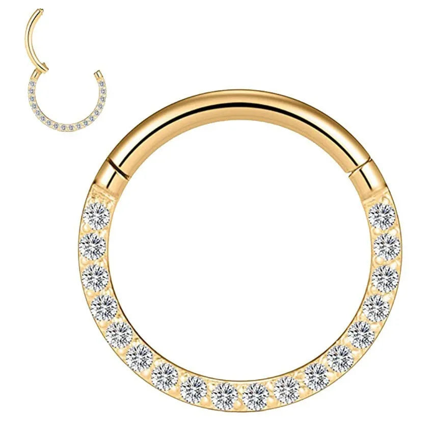 A stainless steel seamless nose ring with a diamond setting, shown in gold, rose gold, black, and steel finishes.