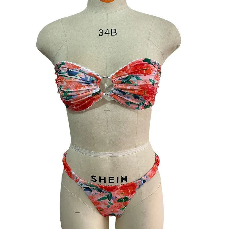 Women's floral printed lace-trim bikini set in blue, shown front and back.