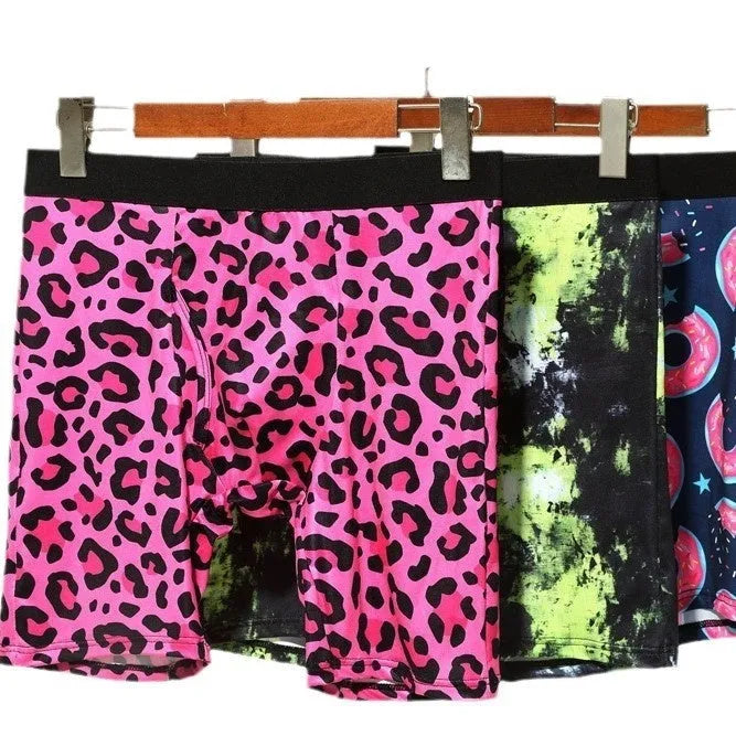 Men's wild leopard pattern printed underwear shorts in pink leopard print design with low waist cut