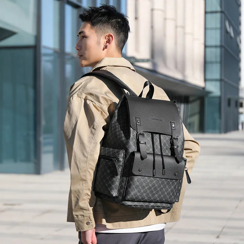 Men's plaid backpack in black and brown PU with curved shoulder straps for commute and business travel