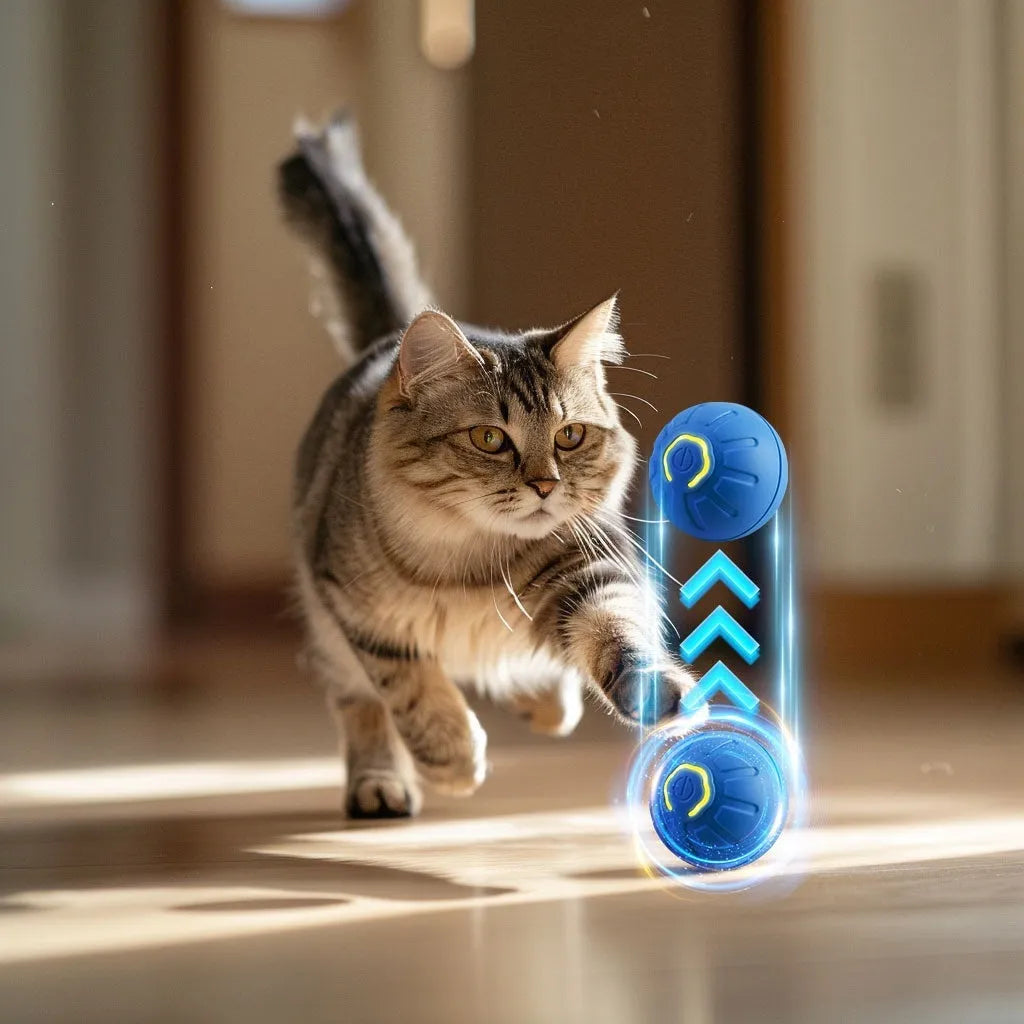 Smart interactive pet toy ball in blue, made from silicone and ABS, with USB charging port