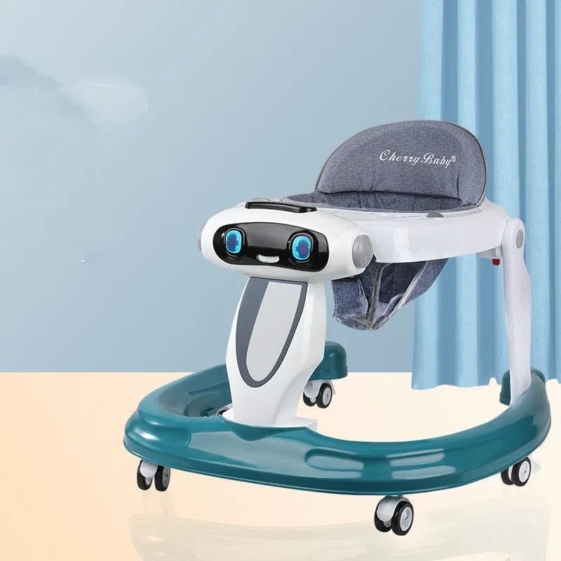 Anti-O-leg baby walker with music, mute wheels, adjustable seat cushion, and clear dinner plate in Dazzle Aqua colour