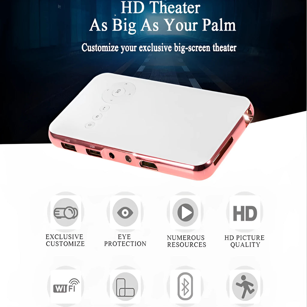 White and rose gold M6S miniature Android projector showing compact dimensions and DLP lens