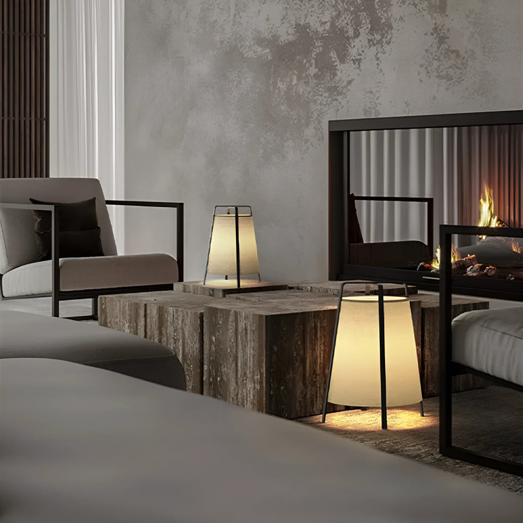 Japanese wabi-sabi floor lamp with cloth shade, iron frame, LED light, 220V push-button switch, 5-10㎡ area.